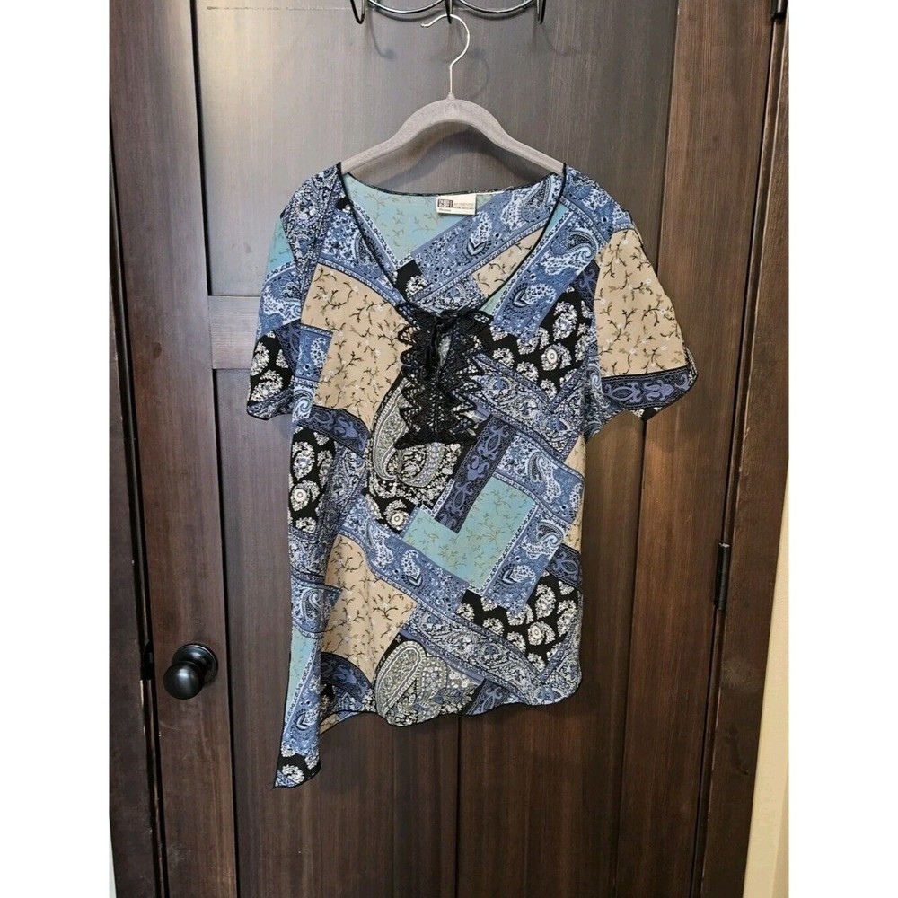 EUC Vintage Faded Glory Women’s Short Sleeve Patchwork Chiffon Tunic Size Large